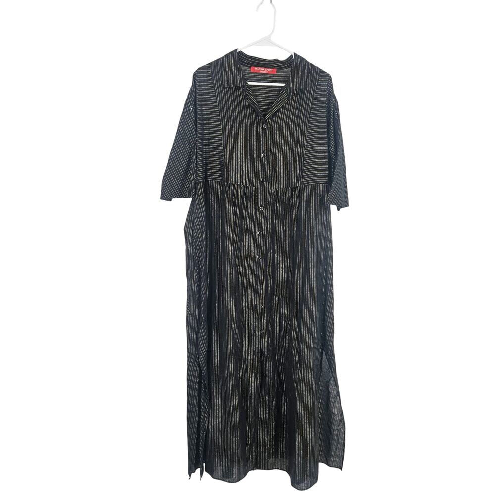 Marina Rinaldi Sport Shirt Dress Black Gold Metallic Striped Button Up Size 14 - Picture 2 of 11